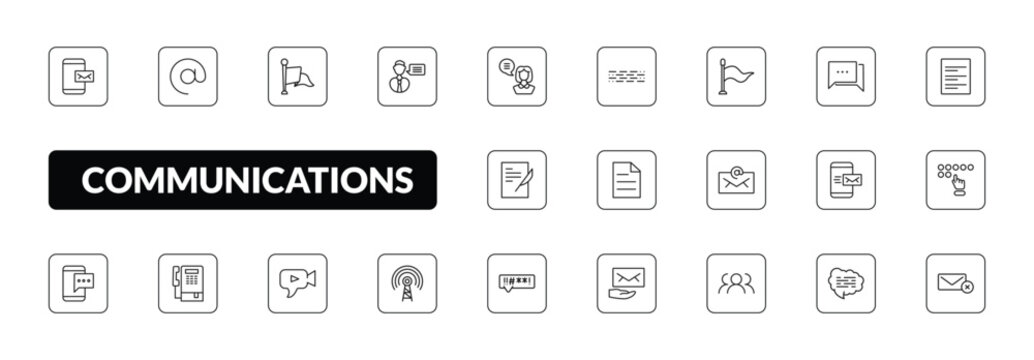 outline communications icons set - mobile receiving email, arroba, talk, delete email. editable vector for web and mobile ui