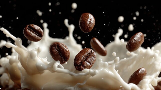 Coffee beans splash into milk creating dynamic textures and abstract shapes