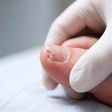 Close-up of damaged big toenail with dark spot