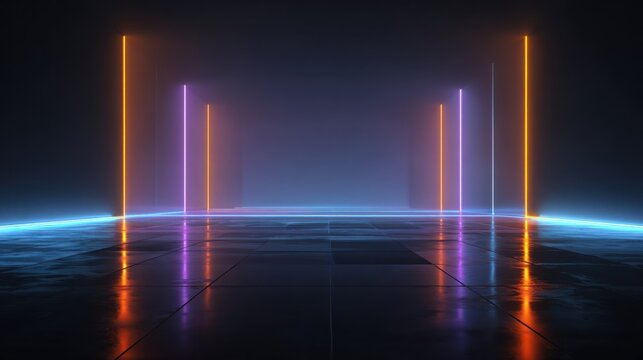 Abstract light display vertical lines neon colors on dark background