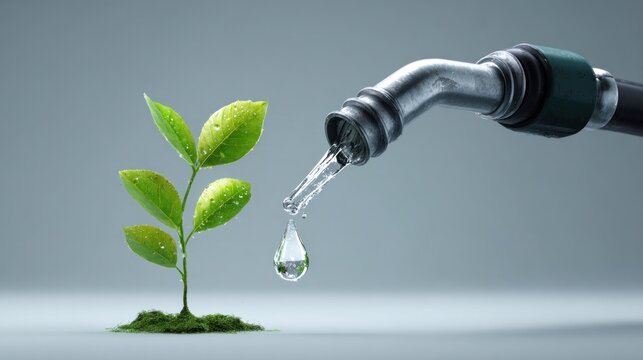 Plant being watered by nozzle with water drop concept of ecology and renewable energy