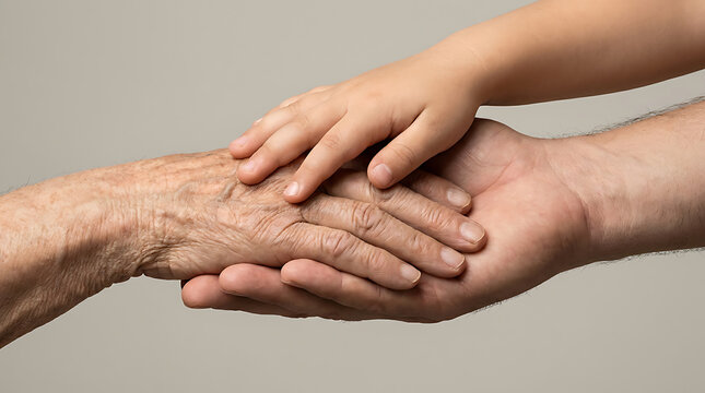 Three generations of family hands holding each other in support and love