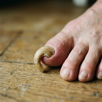 Close-up of deformed big toenail on foot