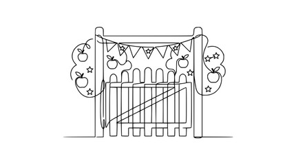 Obraz premium Whimsical Garden Gate with Apple Garland and Bunting - Continuous Line Art