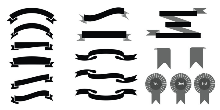 Collection of black ribbon banners rosettes and decorative elements for design projects