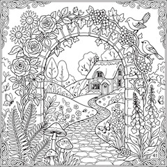Fototapeta premium Black and white illustration of a leaf design for coloring book