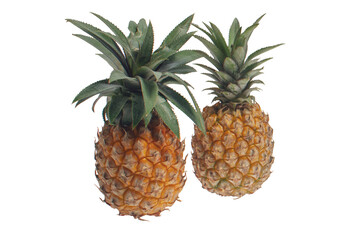 Fototapeta premium Ripe pineapples with woven basket and wooden stand isolated