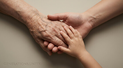 Fototapeta premium Three generations of hands holding together in a symbol of family unity and care