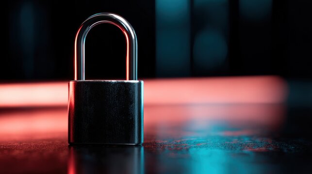 Close up of a black padlock against a blurred red and blue background