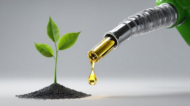 Green plant next to fuel nozzle symbolizing renewable energy and sustainability