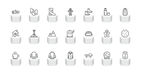 outline winter icons set - logs, mittens, snowsuit, anorak vest. editable vector for web and mobile ui © IconArt