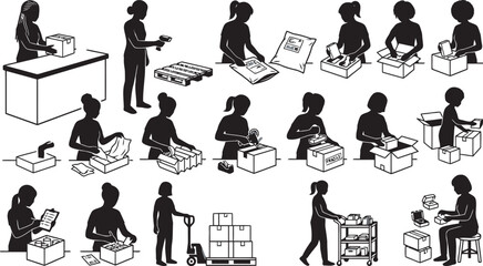Naklejka premium Silhouette Collection Of People Packing And Shipping Cardboard Boxes