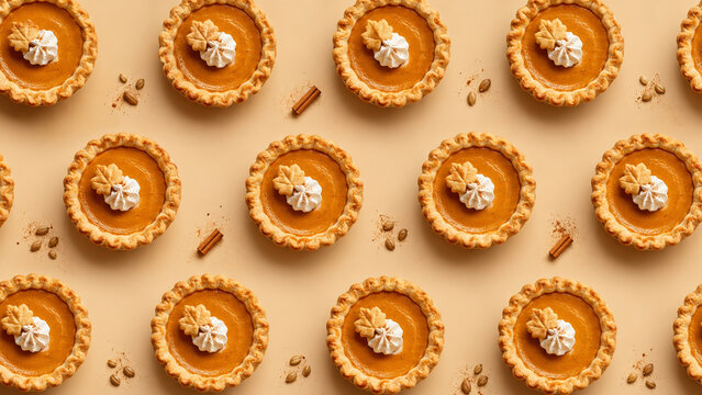 Flat lay pattern of miniature pumpkin pies with whipped cream and maple leaf crust on beige background