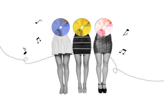 Exclusive art banner collage of anonym girls legs instead body cd disk dj gathering holiday celebration note music party rest