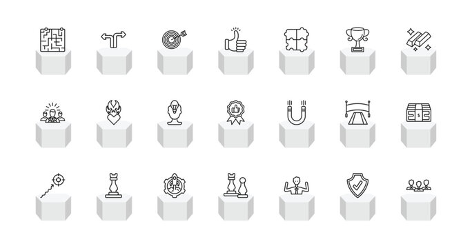 outline startup stategy and icons set - strategy in a labyrinth, decision, accept, team. editable vector for web and mobile ui