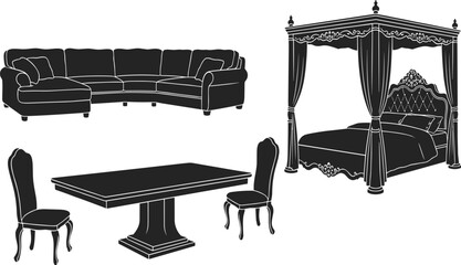 Fototapeta premium Furniture, silhouette, set, vector, elements, for, home, interior, design, including, luxury, bed, sofa, table, chair, couch, dining, bedroom, living, room.