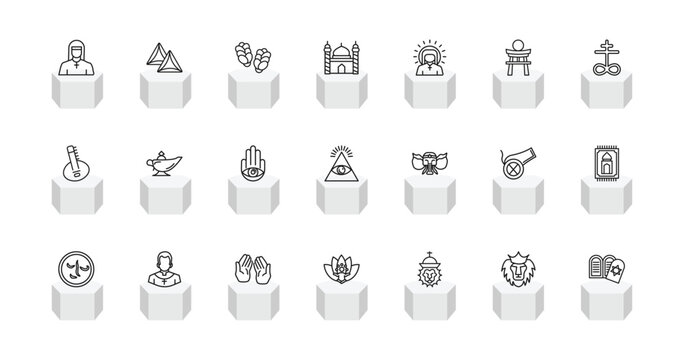 outline religion icons set - anglican, hamantaschen, mosque and minaret, halakha. editable vector for web and mobile ui