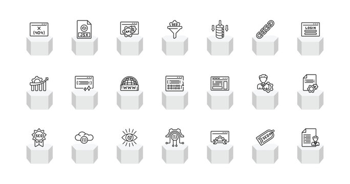outline programming icons set - 404 error, jsx, seo funnel, seo report. editable vector for web and mobile ui