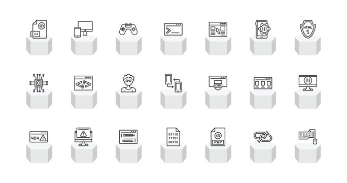 outline programming icons set - programming language, responsive, code terminal, keyboard and mouse. editable vector for web and mobile ui
