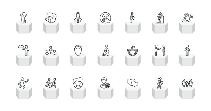 outline people icons set - man jumping up, kiss smile, kidnapping, lesbian couple and son. editable vector for web and mobile ui