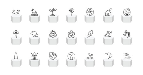 outline nature icons set - planet with satellite, landscape, pollen, waste water. editable vector for web and mobile ui © IconArt