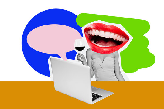 Contemporary sketch collage of anonym girl instead head mouth smile teeth hold wineglass beverage bubble communication chat laptop