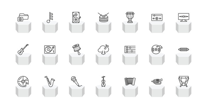 outline music icons set - image archive, thirty second note, snare drum, kettledrum. editable vector for web and mobile ui
