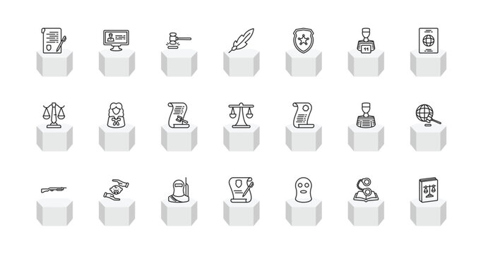 outline law and justice icons set - contract law, criminal database, feather pen, labour and social law. editable vector for web and mobile ui