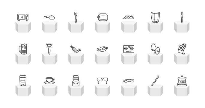 outline kitchen icons set - microwave oven, stew pot, toaster, yogurt maker. editable vector for web and mobile ui