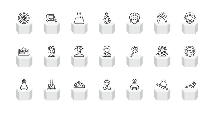 outline india icons set - chakra, ricksaw, guru, peacock. editable vector for web and mobile ui