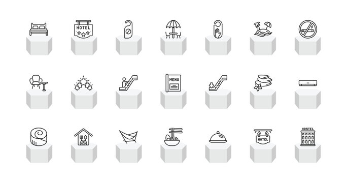 outline hotel and restaurant icons set - double bed, hotel, beach umbrella, hostel. editable vector for web and mobile ui