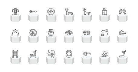 outline gym equipment icons set - gym station, weight bar, trainer rod, treadmill hine. editable vector for web and mobile ui © IconArt