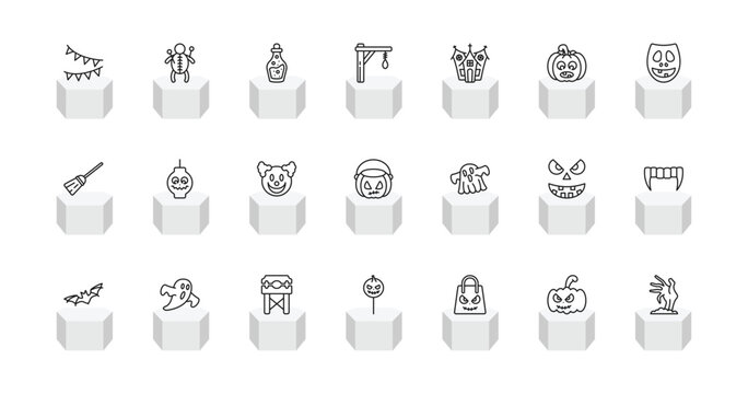 outline halloween icons set - halloween decoration, doll, gallows, zombie hand. editable vector for web and mobile ui