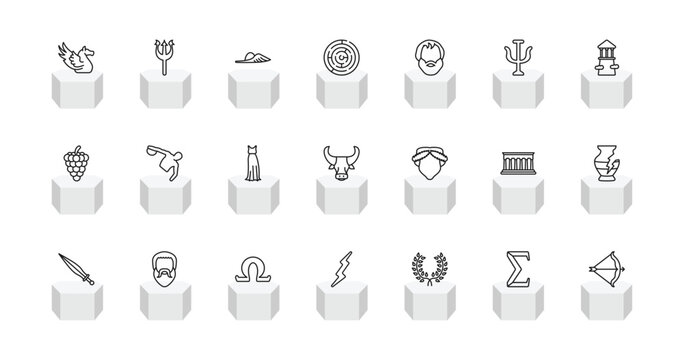 outline greece icons set - pegasus, poseidon, labyrinth, artemis. editable vector for web and mobile ui