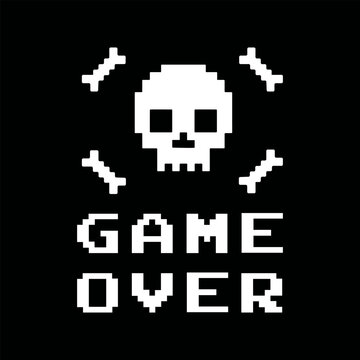 Retro 8-bit pixel art "Game Over" skull and crossbones t-shirt design.