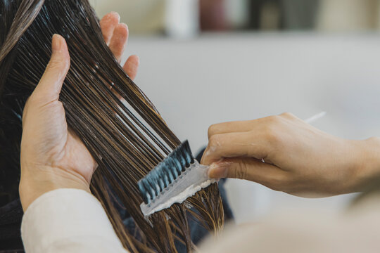 美容師が女性の濡れた髪にブラシでトリートメント剤を塗布する ヘアカラー 髪質改善の施術イメージ