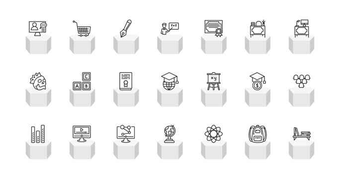 outline education icons set - online training, shopping cart, teach, book shelf. editable vector for web and mobile ui