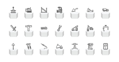 Fototapeta premium outline construction and tools icons set - derrick with pallet, backhoes, constructions, glass wall. editable vector for web and mobile ui