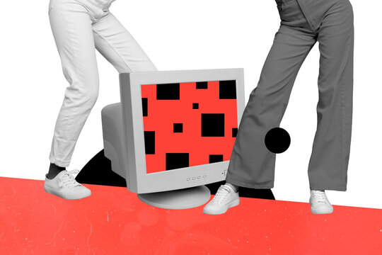 Composite photo collage of female legs business team stand broke pc monitor cyberspace virus problem office isolated on painted background