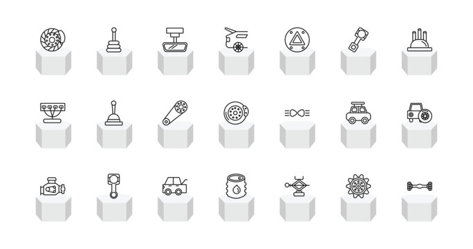 outline car parts icons set - car disc brake, car transmission, boot, axle. editable vector for web and mobile ui