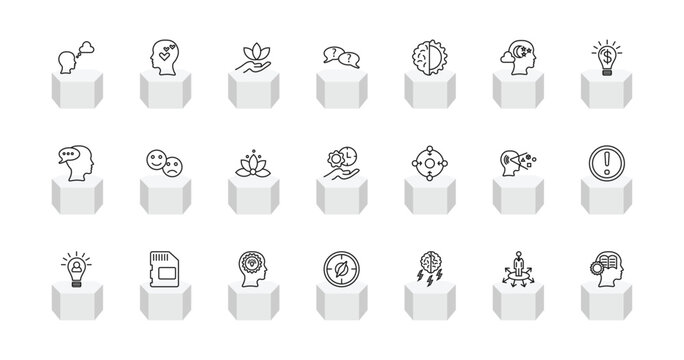 outline brain process icons set - dreaming, thinking love, questions, learning. editable vector for web and mobile ui