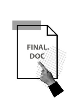 Art image vertical photo collage of hand point index finger folder final doc memo browser button push reminder interface plan