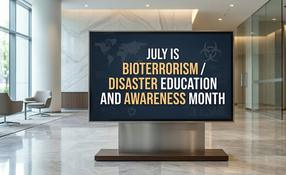 A digital display in a modern office lobby announcing July is Bioterrorism/Disaster Education and Awareness Month.