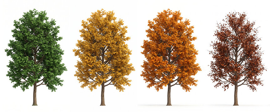 Deciduous Trees Displaying Seasonal Foliage Color Changes Isolated on White Background, Visual Representation of Biology