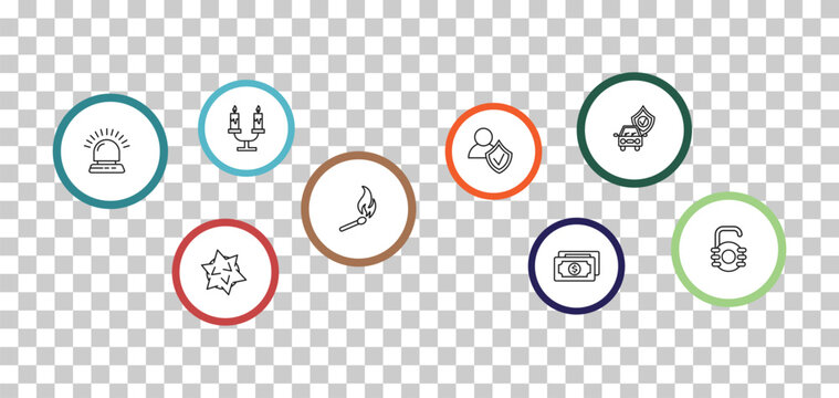 outline security icons set - candles light, safety car, flasher, e. editable vector for web and mobile ui