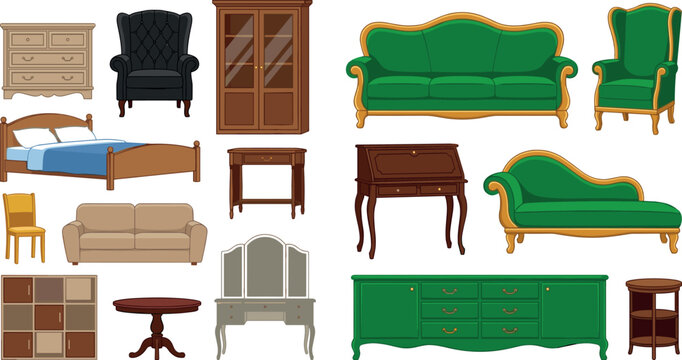 Vintage Bedroom and Living Room Furniture Vector Icon Set with Green Sofa, Wooden Bed, Armchair, Wardrobe, and Dressing Table for Home Interior Design Elements