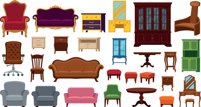 Home Interior Furniture Vector Icon Set with Vintage Sofa, Luxury Armchair, Wooden Wardrobe, Dressing Table, Chairs, and Cabinets for Living Room Architecture Designs