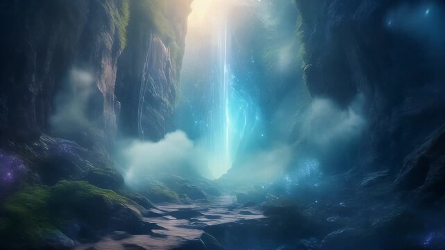 Magical glowing cavern with shimmering blue light rays descending through misty rocky canyons creating an enchanting cinematic digital animation motion scene