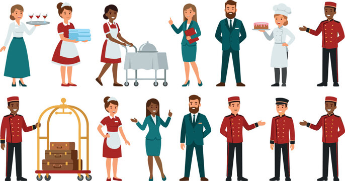 Hotel Staff and Hospitality Workers Vector Character Set with Bellboys, Maids, Chef, Manager, Waitress, and Luggage Cart for Tourism Service Presentation Designs