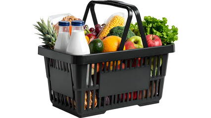 Black plastic shopping basket filled with fresh groceries and milk, isolated on transparent background for easy design © mrzn